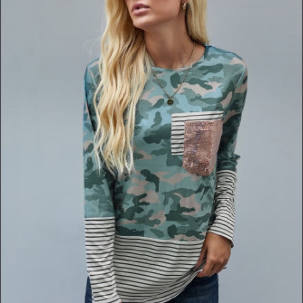 Camo Stripe Pocket Sequins Long Sleeve O-neck Top - Picture 5 of 5